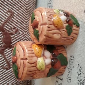 Pair ceramic woodland mushroom salt and pepper shakers